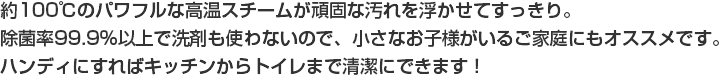 約110℃のパワフルな高温スチームが頑固な汚れを浮かせてすっきり。除菌率99.9％以上で洗剤も使わないので、小さなお子様がいるご家庭にもオススメです。ハンディにすればキッチンからトイレまで清潔にできます！